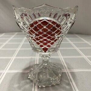 Vtg Ruby Red Glass Pedestal Bowl Diamond Point Teardrop 3 Sided Dish Unique